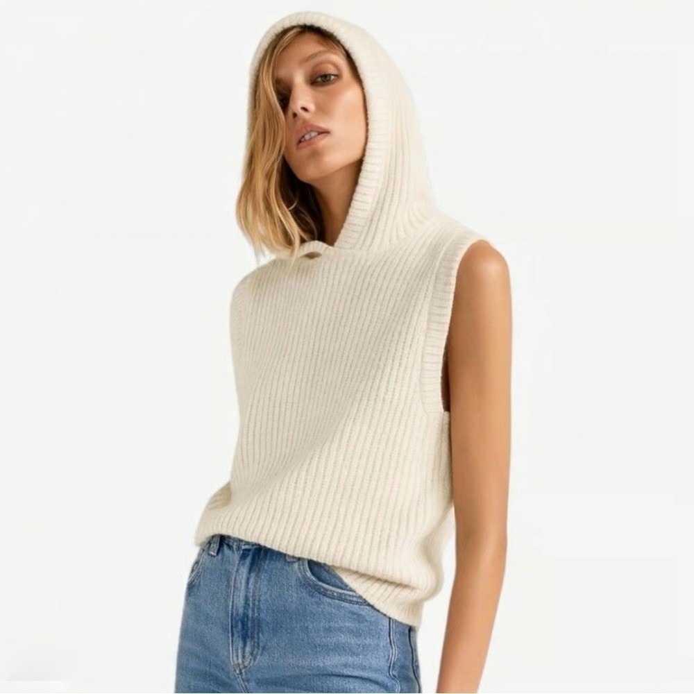 ZARA Cream Ribbed Knit Hooded Sleeveless Hoodie Oversized Sweater Vest SZ Small